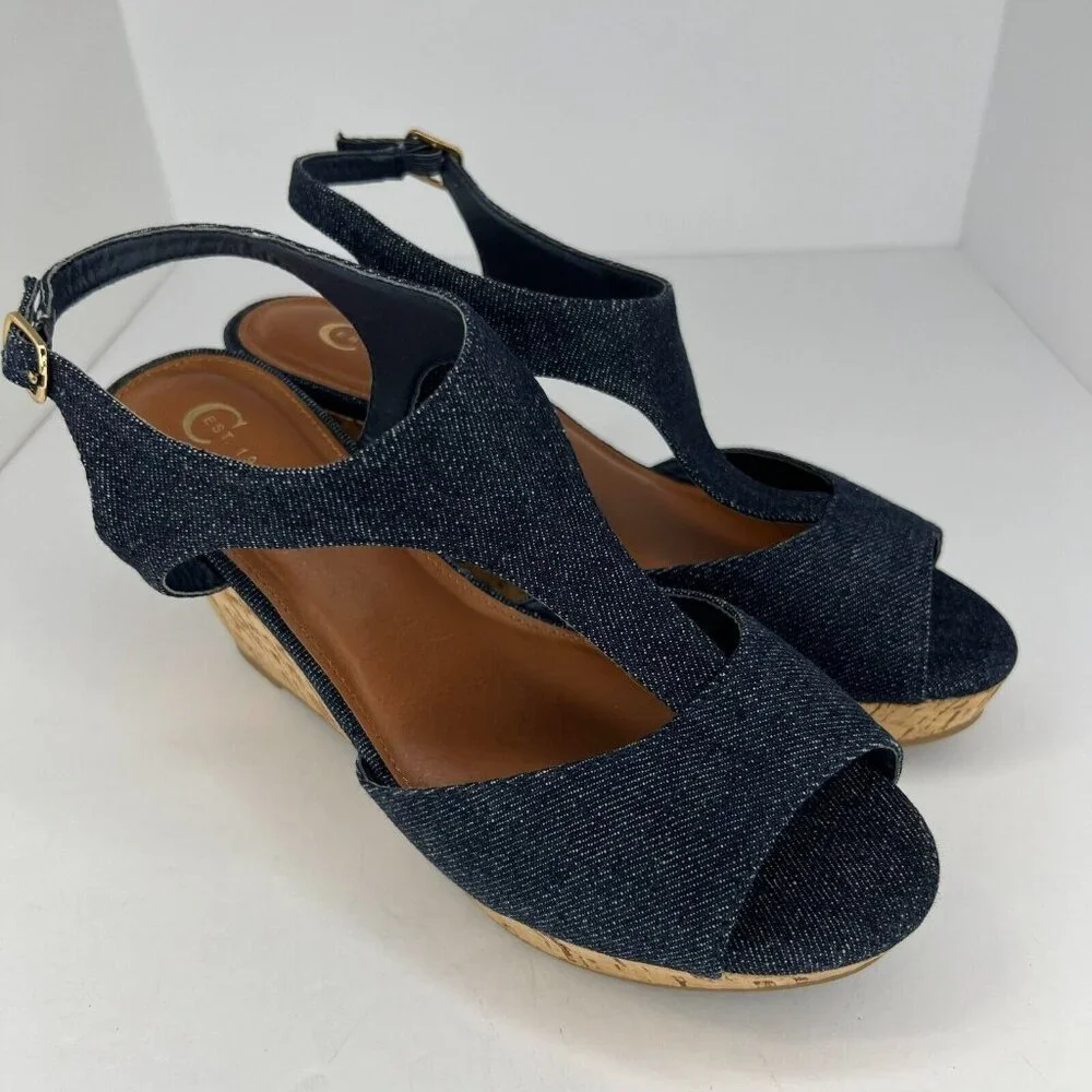 C Est. 1946 Womens 42621128 Blue Adjustable Denim Wedge Size 9W Strappy Sandals